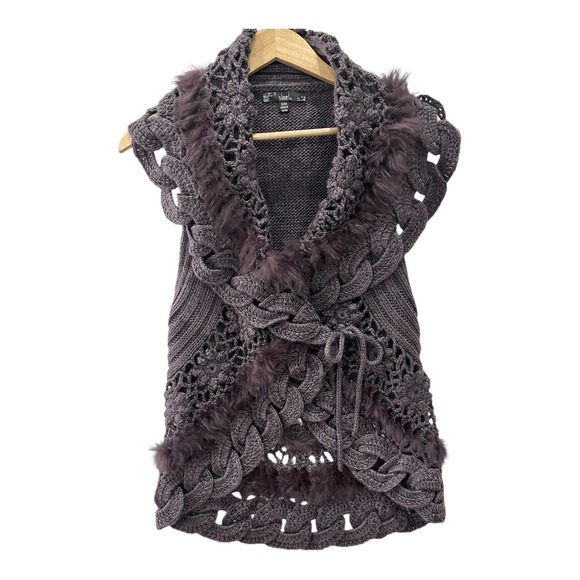 Studio Sweaters - Sioni Wool Knit Cardigan Sweater Vest Women's S/M Rabbit Fur Trim Wrap Purple